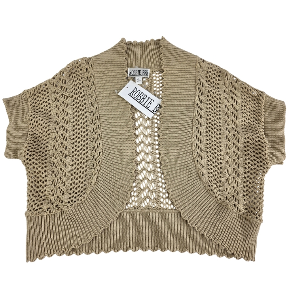 NWT Robbie Bee L Shrug Crochet Short Sleeve Open Cardigan Sweater Tan 2077-M